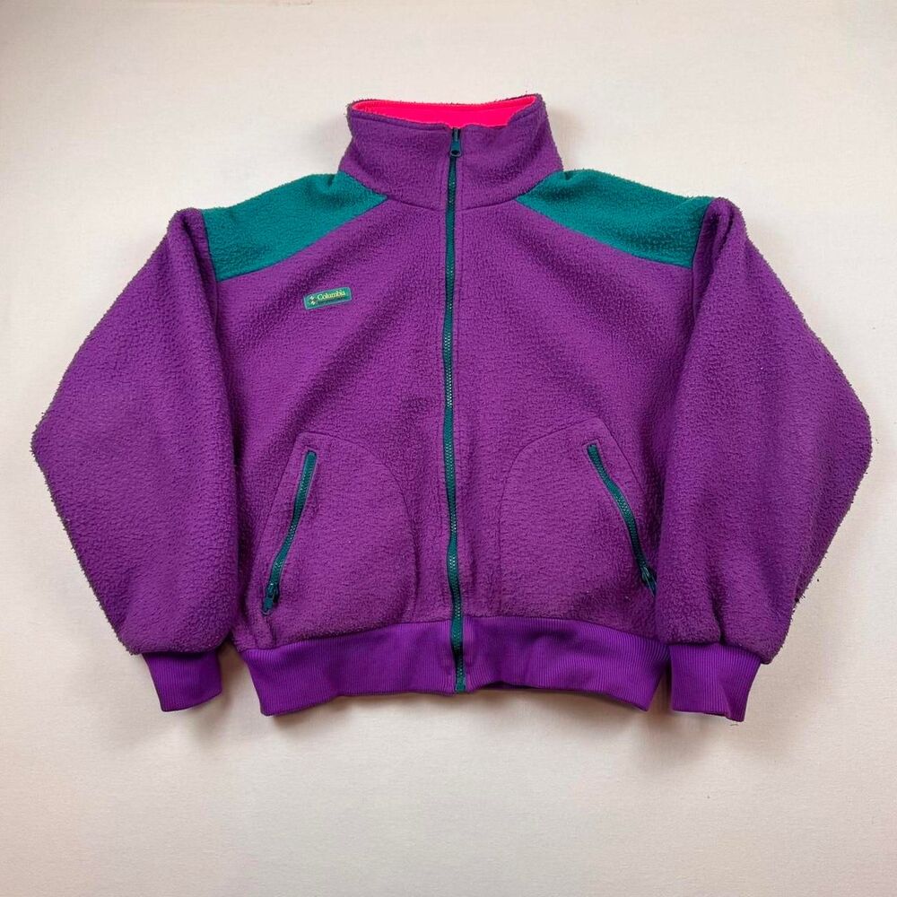 Vintage Women's 90s Columbia Fleece Jacket Made in USA Size Large Purple Teal